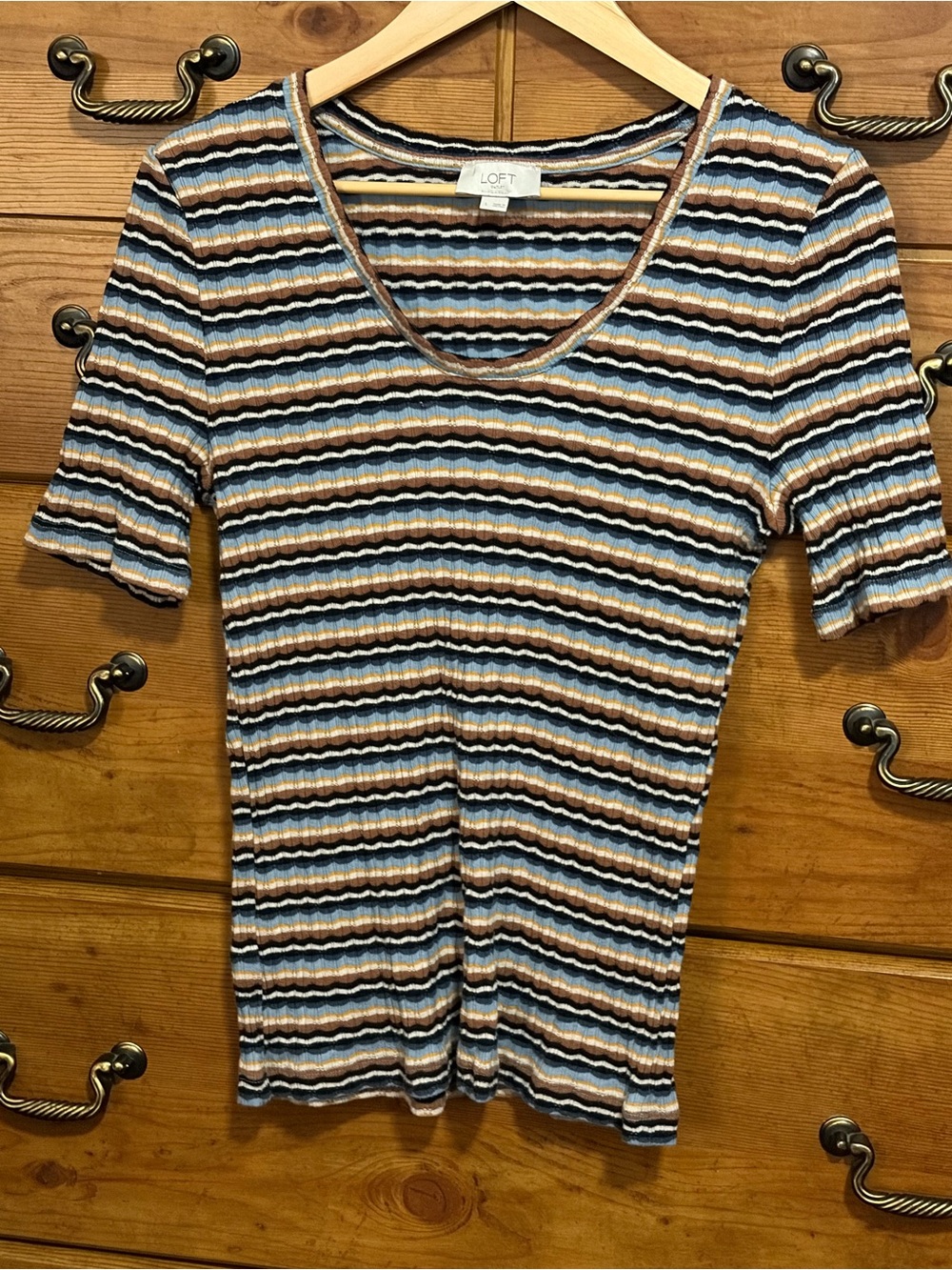 LOFT Striped Ribbed Scoop Neck Tee in Blue, Brown, White